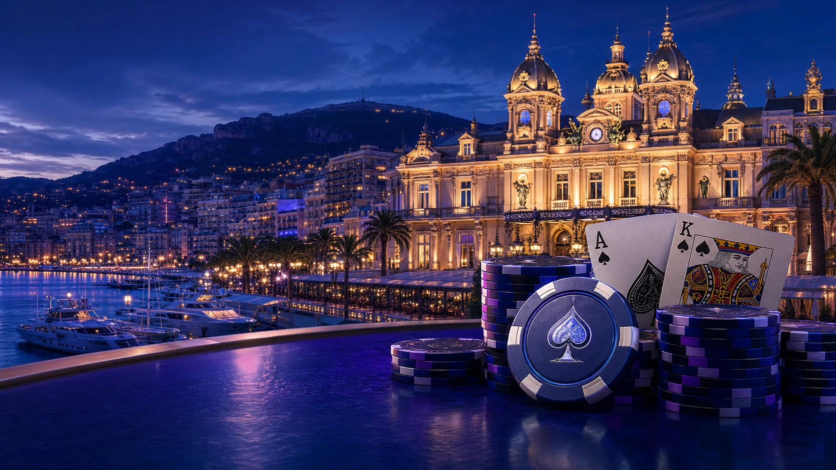 Luxury Mediterranean poker festival destination illuminated at night